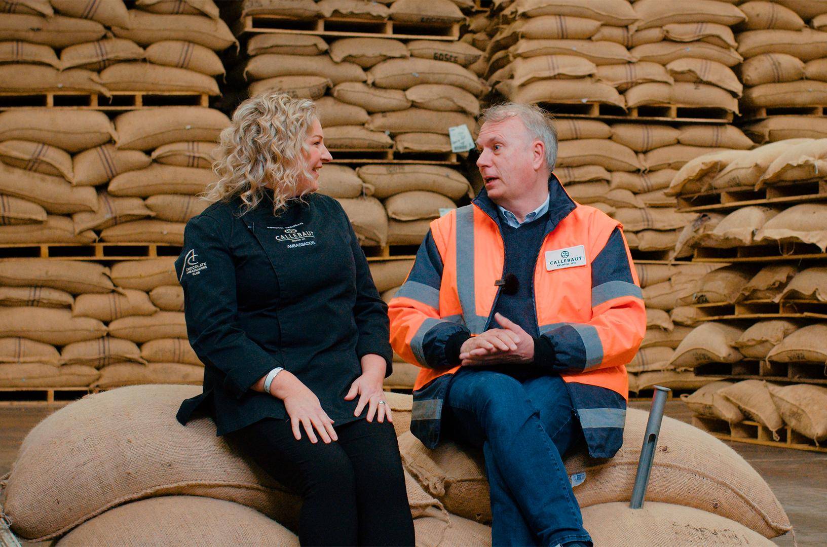 Kirsten Tibballs with Callebaut chocolate expert in Wieze factory