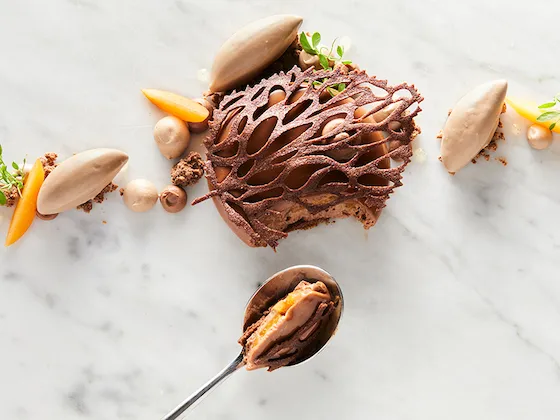 An elegant plated dessert created with Callebaut NXT chocolate