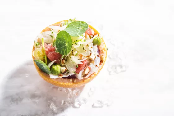 A colorful dessert using fermented ingredients