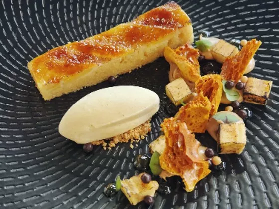 Chef Chatal Molnar's plated dessert inspired by Malva Pudding